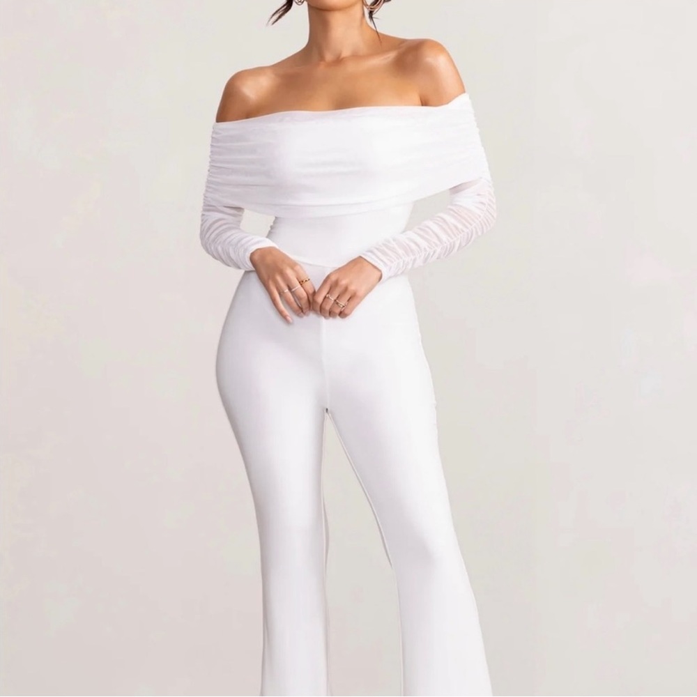White Ruched Mesh Bardot Jumpsuit